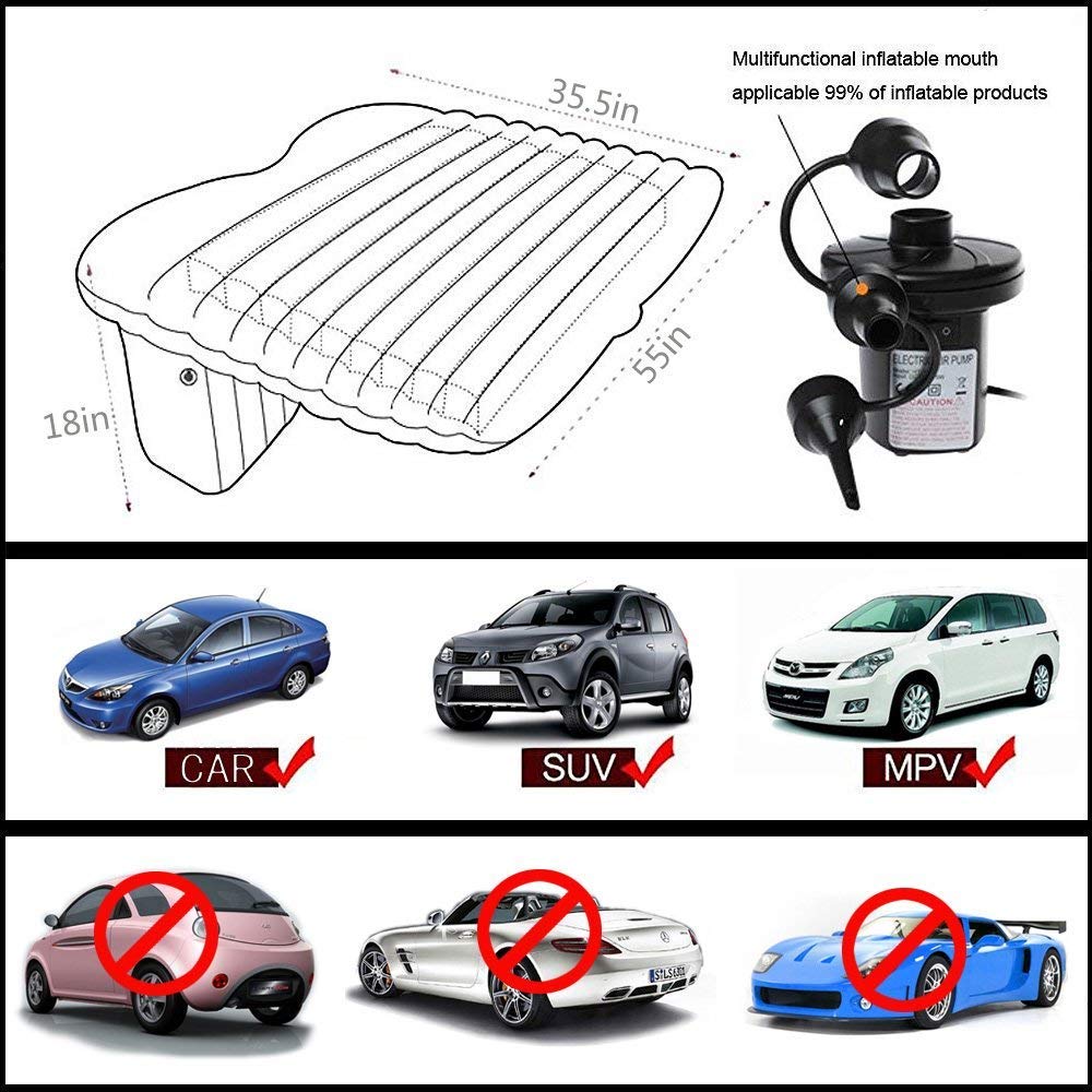 E+ Fabric Inflatable Car Air Mattress Bed with 2 Air Pillows and Pump - Accessories for Travel, Camping