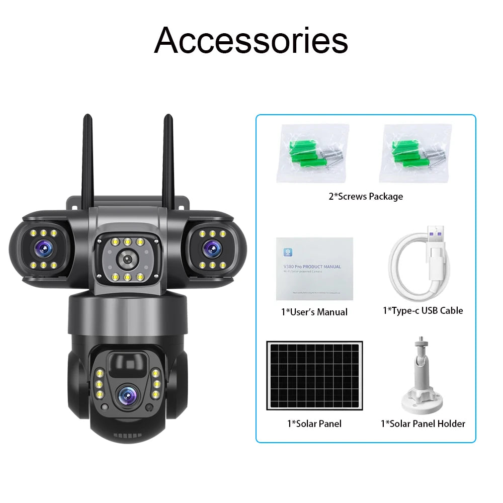 E+ V380 4G 6MP Solar Security Camera 3-Lens System Dual-Charging Night Vision Motion Alerts Security Camera