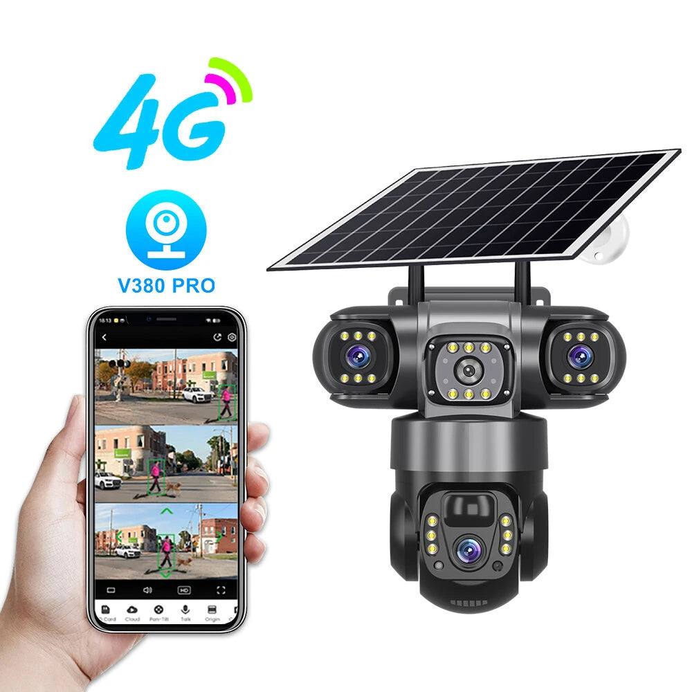 E+ V380 4G 6MP Solar Security Camera 3-Lens System Dual-Charging Night Vision Motion Alerts Security Camera