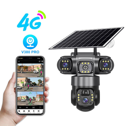 E+ V380 4G 6MP Solar Security Camera 3-Lens System Dual-Charging Night Vision Motion Alerts Security Camera