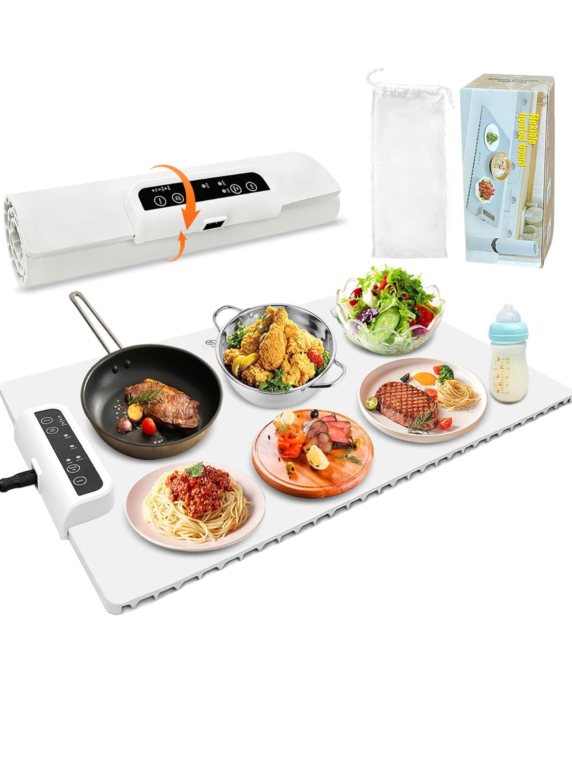 E+ Electric Food Warmer Large Silicone Warming Mat Foldable Full Surface Warming Tray with 3 Adjustable Temperature Time for Buffets Parties