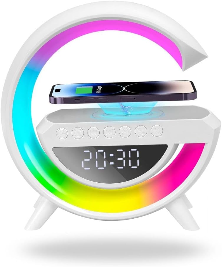 E+ Alarm Clock with Light and Bluetooth Speaker, Smart LED Table Lamp with Wireless Charger, Dimmable LED Light, Night Light with Music Sync
