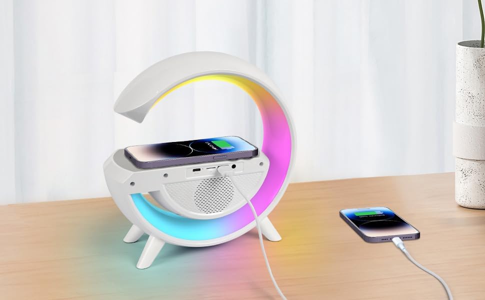 E+ Alarm Clock with Light and Bluetooth Speaker, Smart LED Table Lamp with Wireless Charger, Dimmable LED Light, Night Light with Music Sync