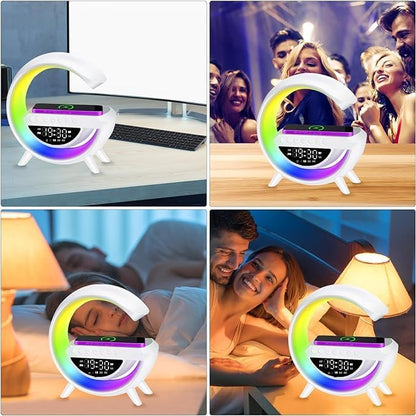E+ Alarm Clock with Light and Bluetooth Speaker, Smart LED Table Lamp with Wireless Charger, Dimmable LED Light, Night Light with Music Sync