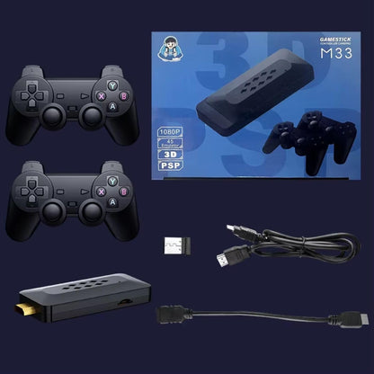 E+ M33 2.4G Wireless Game Stick with 4K 3D TV Output, 45 Emulators, 30,000+ Games, 360° Universal Rocker, 2 Gamepad (Black)