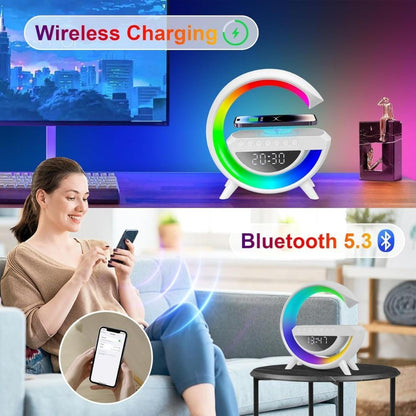 E+ Alarm Clock with Light and Bluetooth Speaker, Smart LED Table Lamp with Wireless Charger, Dimmable LED Light, Night Light with Music Sync