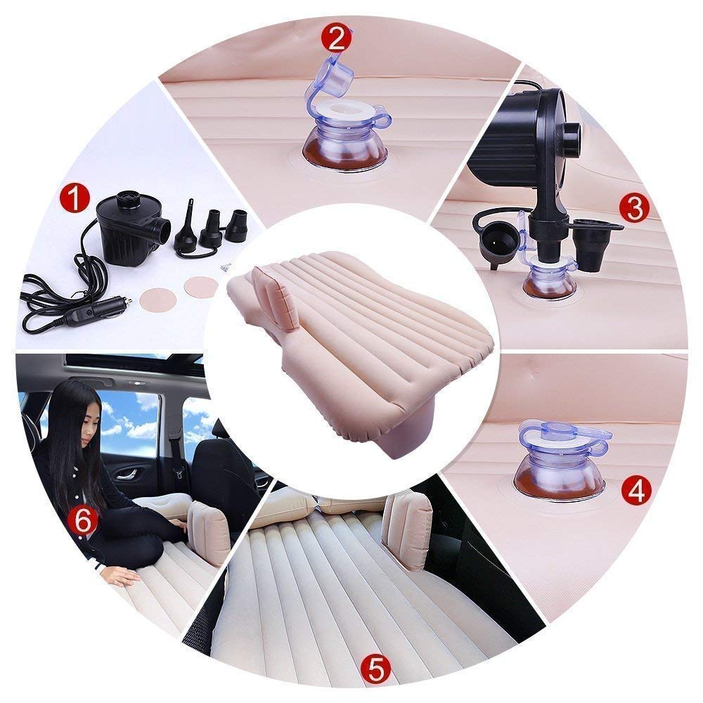 E+ Fabric Inflatable Car Air Mattress Bed with 2 Air Pillows and Pump - Accessories for Travel, Camping