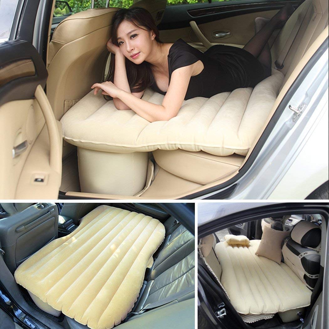 E+ Fabric Inflatable Car Air Mattress Bed with 2 Air Pillows and Pump - Accessories for Travel, Camping