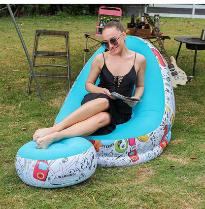 E+ FLORAL Inflatable Lounge Chair with Footrest 2-in-1 Air Sofa for Adults