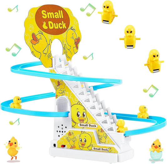 E+ Baby Happy Duck Track Set Toys for Kids Climbing Stairs Dancing Duck Slide Toy with Light and Music - 3 Piece Small Duck