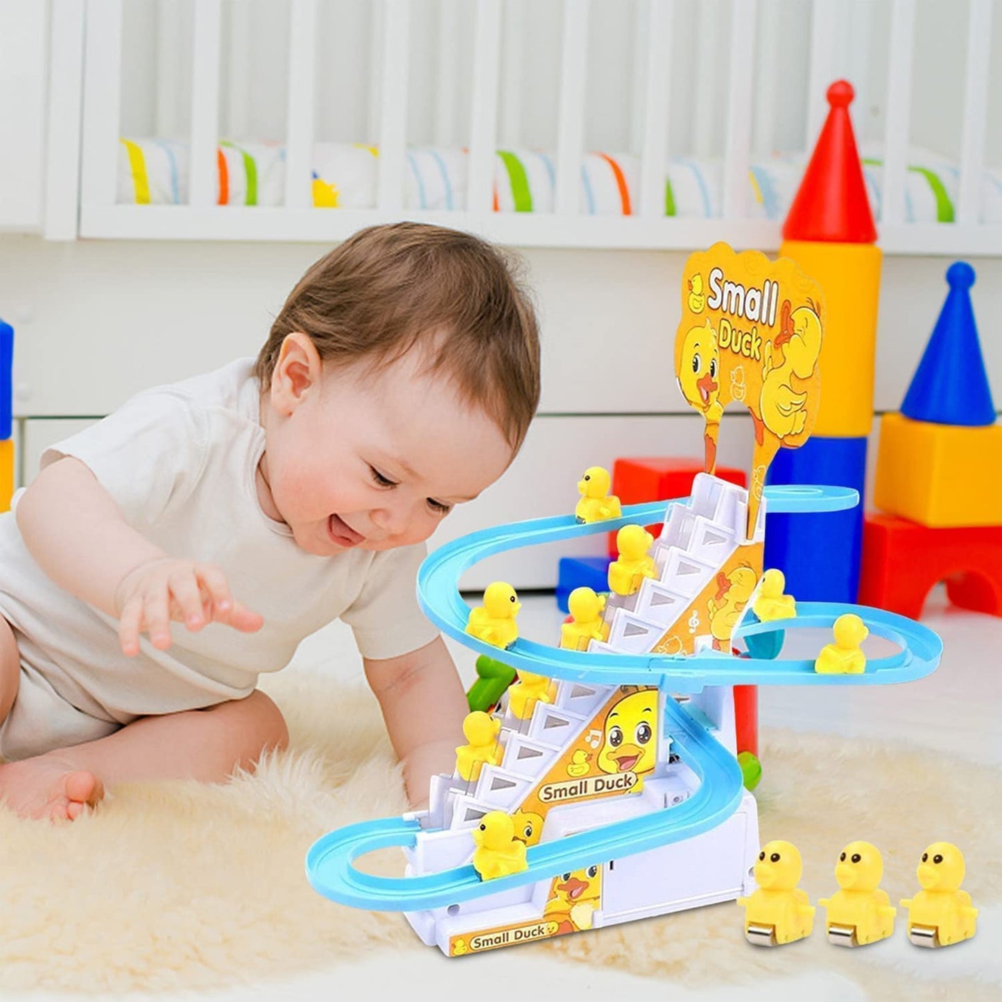 E+ Baby Happy Duck Track Set Toys for Kids Climbing Stairs Dancing Duck Slide Toy with Light and Music - 3 Piece Small Duck