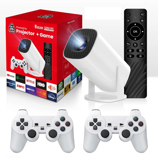 E+ Yugam P30 Max Projector 4K HD 1080P Bluetooth Android 11 Projector with 2 Wireless Game Controllers Built-in 3000 Games (Game with Controller Projector)
