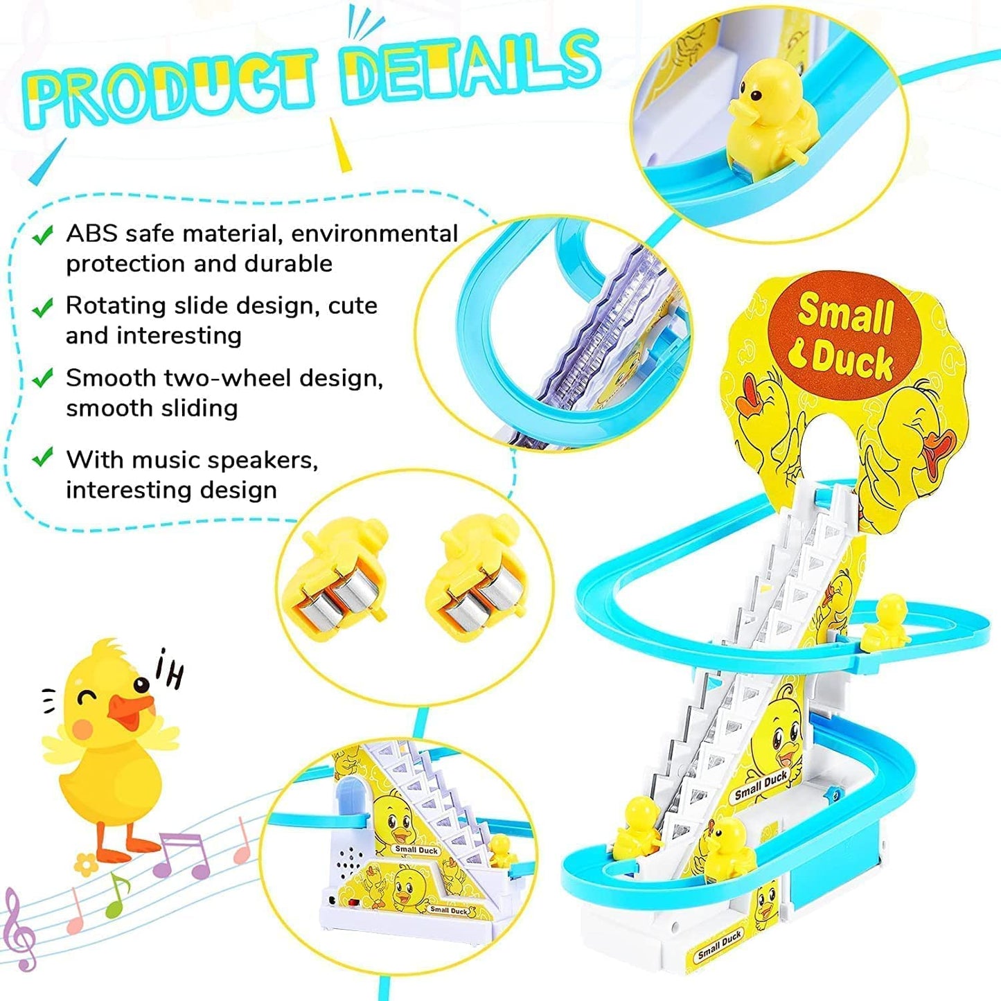 E+ Baby Happy Duck Track Set Toys for Kids Climbing Stairs Dancing Duck Slide Toy with Light and Music - 3 Piece Small Duck