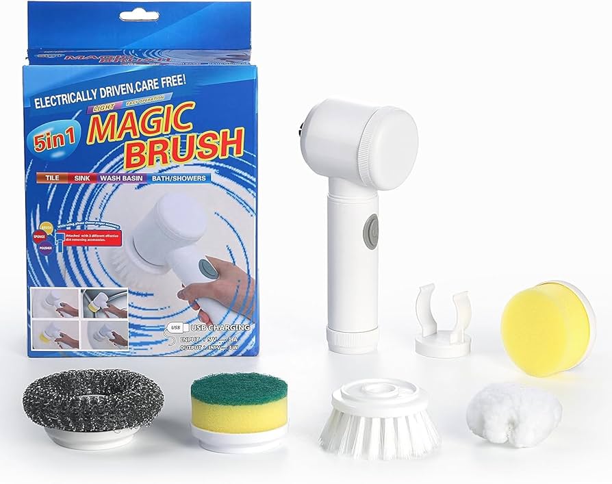 E+ Multi-Functional Electric Cleaning Brush 5 in 1 Magic Power Scrubber Household Cleaning Tools Spin Scrubber with Buffer Polisher, for Bathroom, Shower, Tub, Kitchen Floor