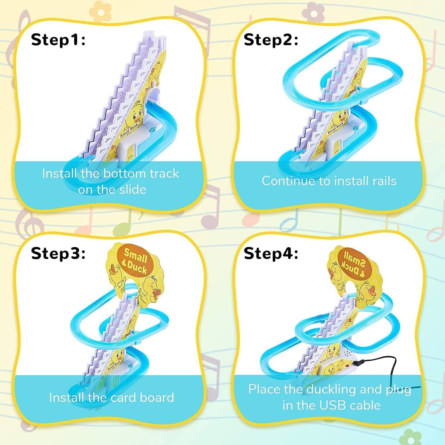 E+ Baby Happy Duck Track Set Toys for Kids Climbing Stairs Dancing Duck Slide Toy with Light and Music - 3 Piece Small Duck
