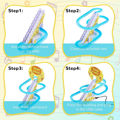 E+ Baby Happy Duck Track Set Toys for Kids Climbing Stairs Dancing Duck Slide Toy with Light and Music - 3 Piece Small Duck