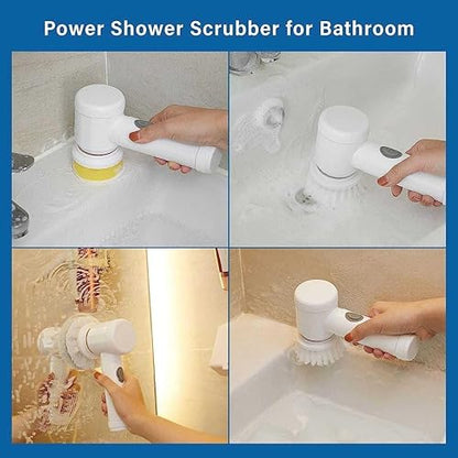 E+ Multi-Functional Electric Cleaning Brush 5 in 1 Magic Power Scrubber Household Cleaning Tools Spin Scrubber with Buffer Polisher, for Bathroom, Shower, Tub, Kitchen Floor