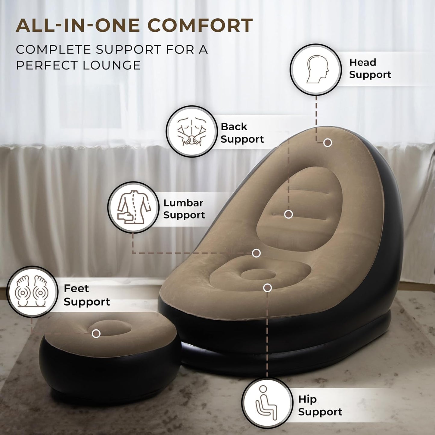E+ Inflatable Lounge Chair with Household Air Pump, Comfortable Air Sofa for Indoor/Outdoor Use