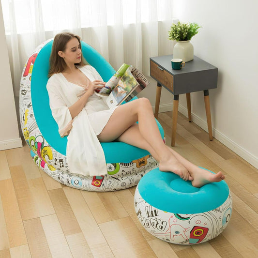 E+ FLORAL Inflatable Lounge Chair with Footrest 2-in-1 Air Sofa for Adults