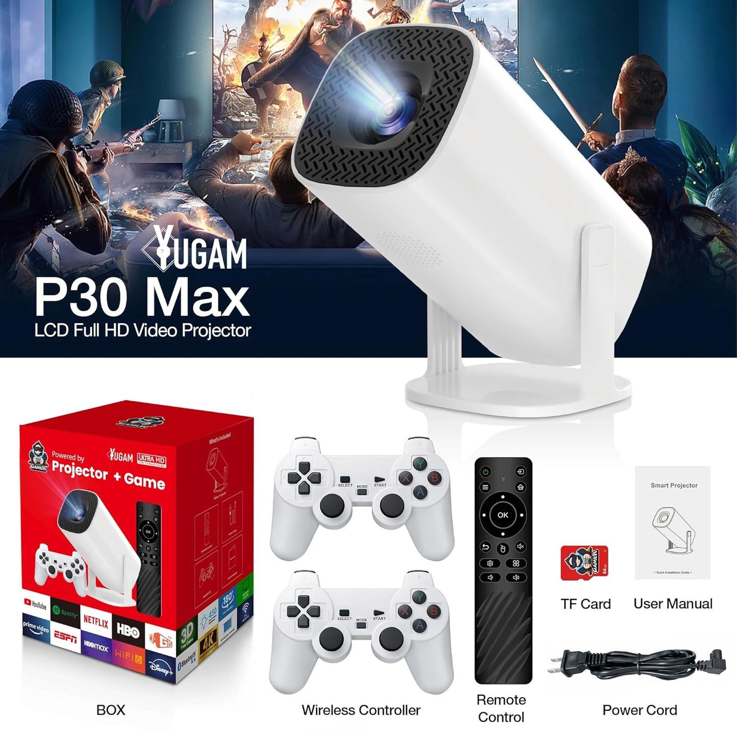 E+ Yugam P30 Max Projector 4K HD 1080P Bluetooth Android 11 Projector with 2 Wireless Game Controllers Built-in 3000 Games (Game with Controller Projector)