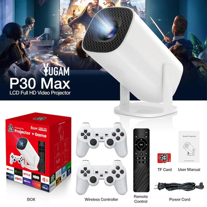 E+ Yugam P30 Max Projector 4K HD 1080P Bluetooth Android 11 Projector with 2 Wireless Game Controllers Built-in 3000 Games (Game with Controller Projector)