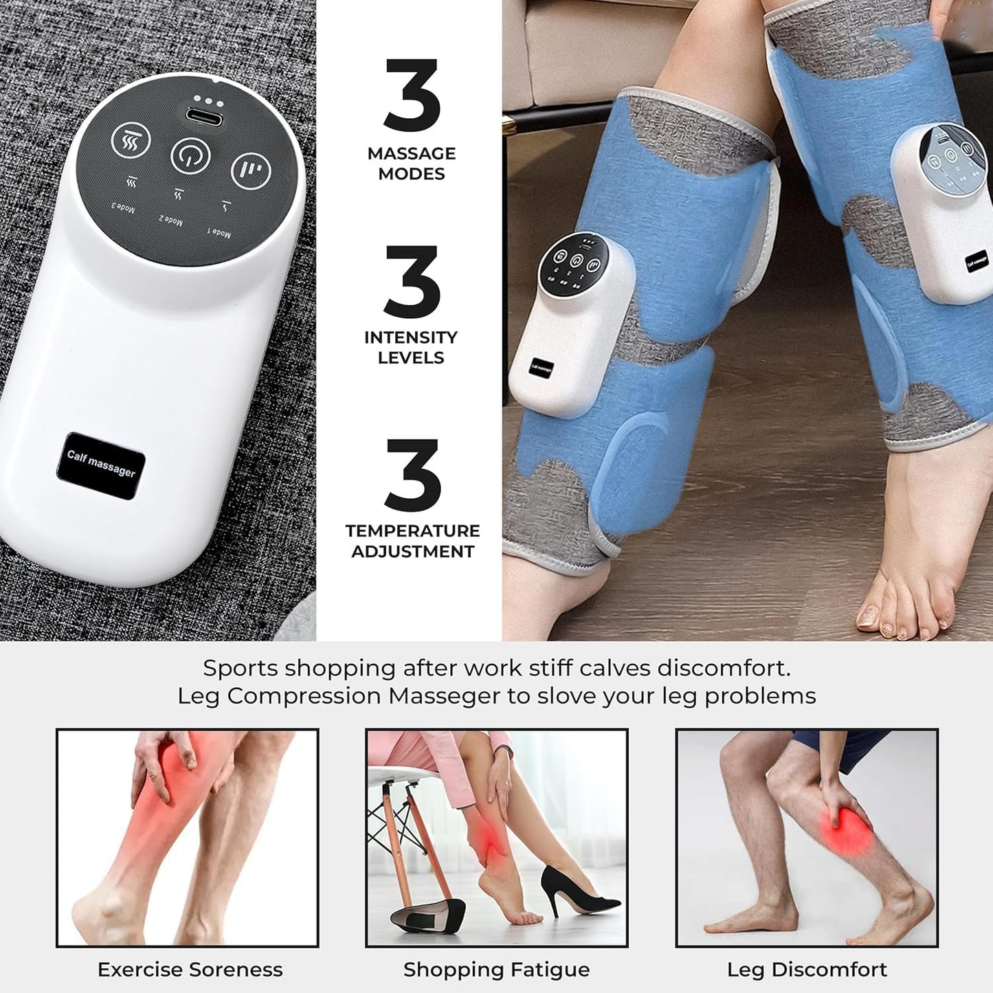 E+ Leg Massager for Circulation and Pain Relief, Calf Air Compression Massager with Heat, Leg Massager with 3 Intensities, 3 Modes, Easy to Use, Muscle Relaxation