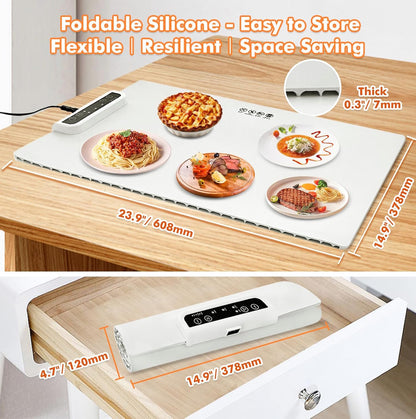 E+ Electric Food Warmer Large Silicone Warming Mat Foldable Full Surface Warming Tray with 3 Adjustable Temperature Time for Buffets Parties