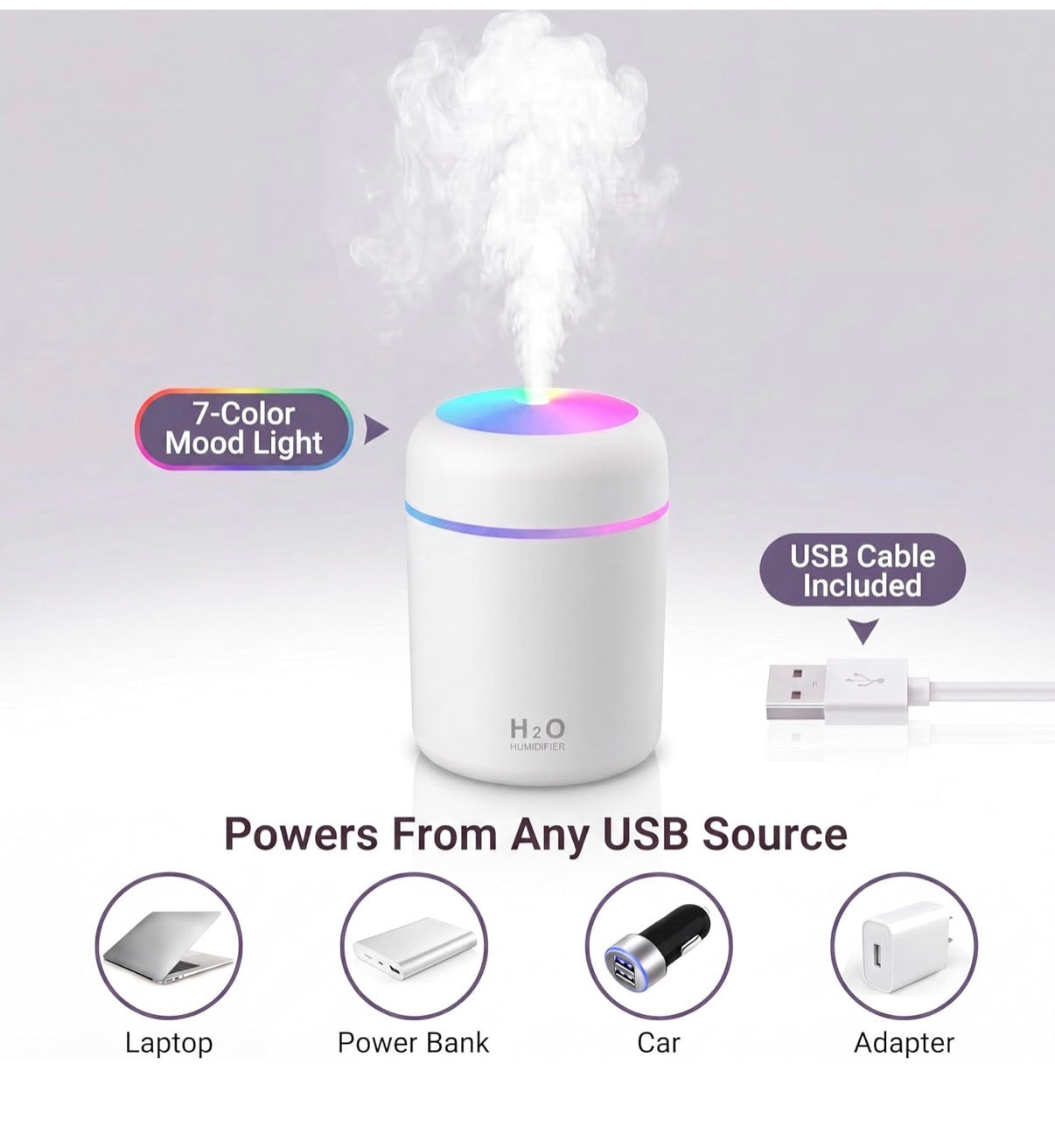 Mini USB Humidifier with 7-Color LED Mood Light | Portable Air Mist Humidifier for Home, Office & Car