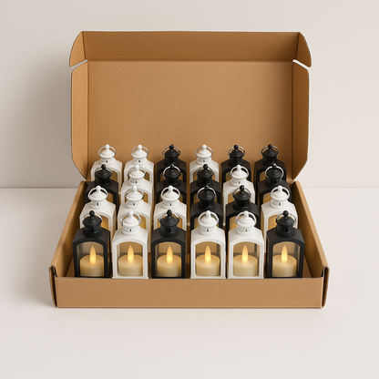 E+LED Lanterns with Flickering Candle Light – Black & White Vintage Style (PACK OF 24)