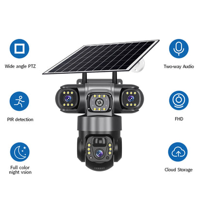 E+ V380 4G 6MP Solar Security Camera 3-Lens System Dual-Charging Night Vision Motion Alerts Security Camera