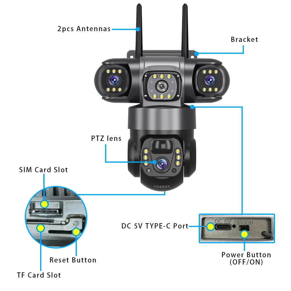 E+ V380 4G 6MP Solar Security Camera 3-Lens System Dual-Charging Night Vision Motion Alerts Security Camera