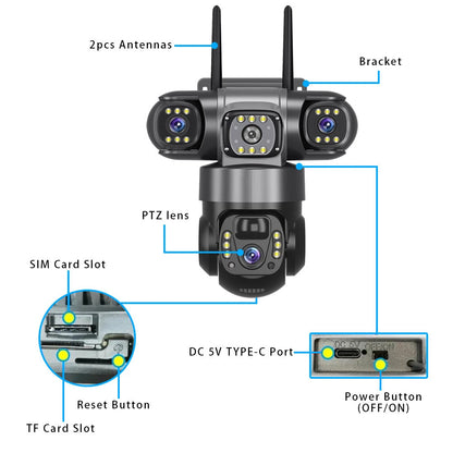 E+ V380 4G 6MP Solar Security Camera 3-Lens System Dual-Charging Night Vision Motion Alerts Security Camera