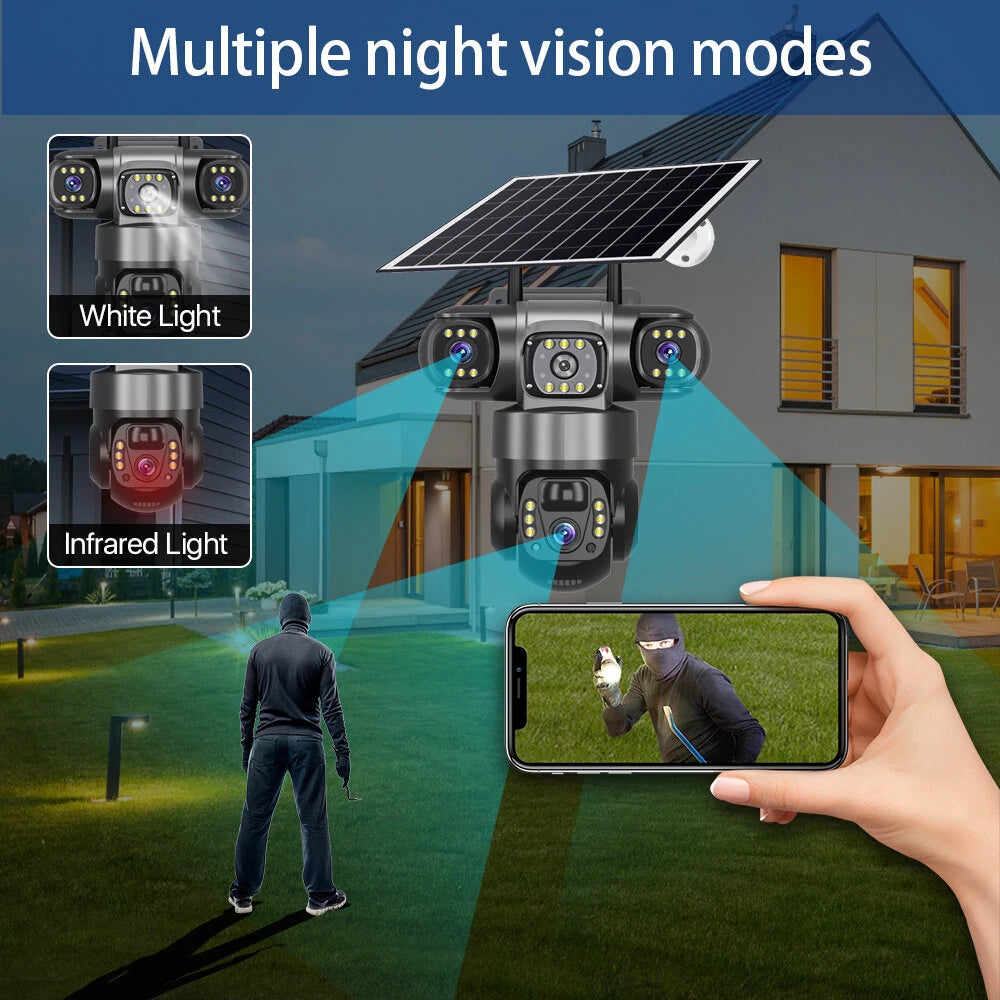 E+ V380 4G 6MP Solar Security Camera 3-Lens System Dual-Charging Night Vision Motion Alerts Security Camera